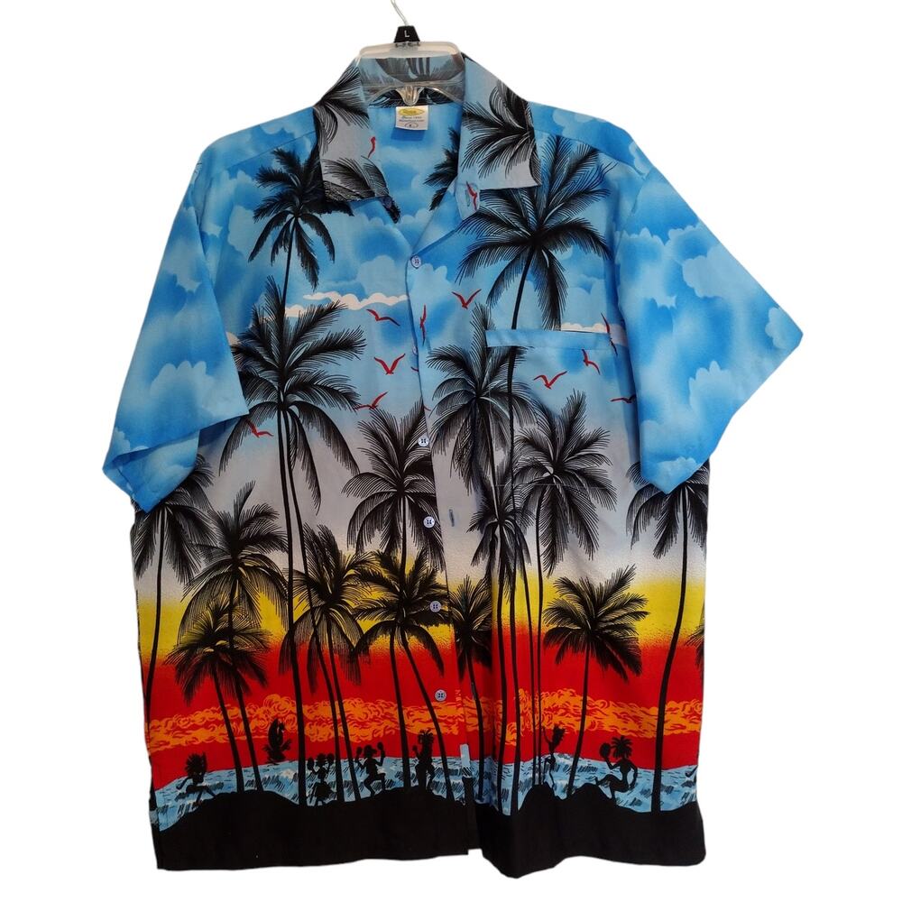 Rima Hawaiian Shirt Men's Large Tropical Vintage Short‎ Sleeve Surf Palm Trees